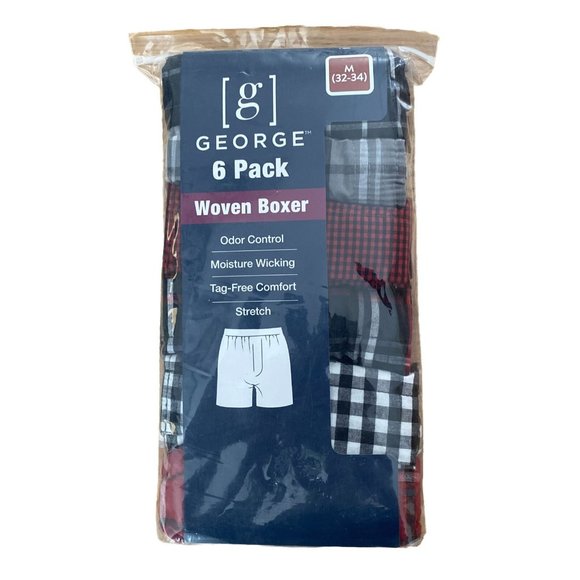 George Men's Woven Boxers 6-Pack Plaid Odor Control Tagless 32-34 New Size M - Picture 1 of 2